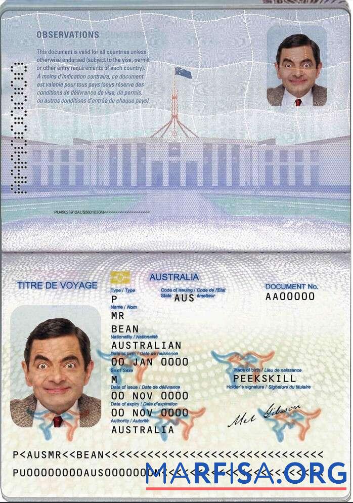Blank Australian passport (convention travel document) sample